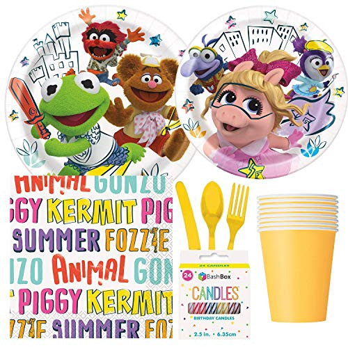 BashBox Disney Muppet Babies Birthday Party Supplies Pack Including Cake & Lunch Plates, Cutlery, Cups, Napkins (8 Guests) Plus BONUS Candles