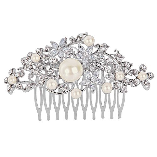 EVER FAITH Austrian Crystal Cream Simulated Pearl CZ Elegant Flower Wave Hair Comb Clear Silver-Tone