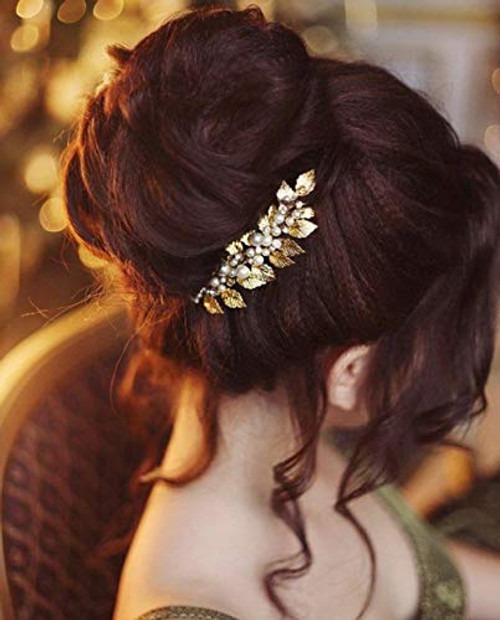 Deniferymakeup Comb 3 Color Leaf Bridal Hair Comb Bridal Hair Piece Hair Accessories Wedding Headpiece Tiara Greek Bridemaids Clip Leaf Hair Comb Pearl Jewelry Pearl Hair Comb (Gold)
