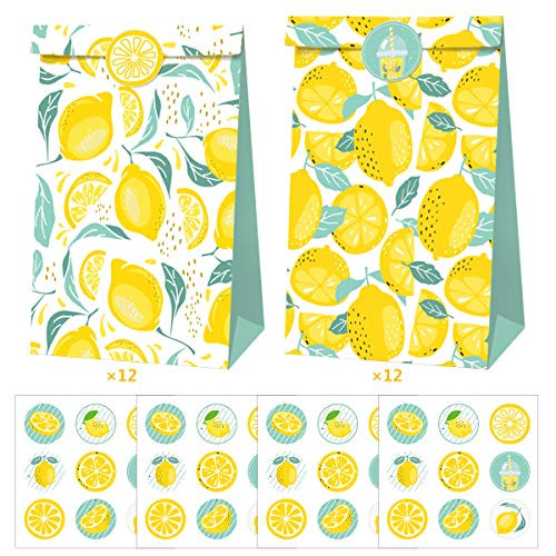 Cieovo 24 pcs Lemon Party Favor Bags Paper Gift Bags, Goodie Candy Bags Kraft Treat Paper Bags with Stickers for Summer Lemon Theme wedding Birthday Baby Shower Party Supplies Decoration