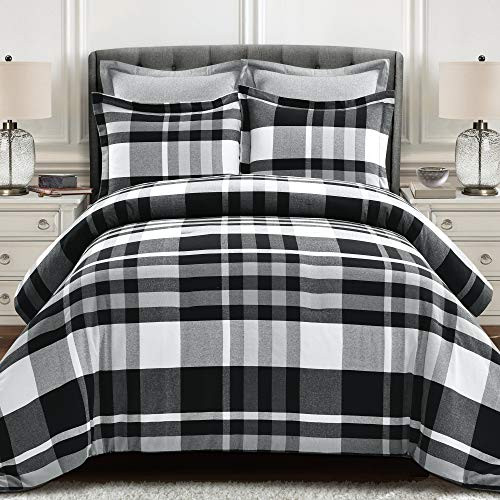 Lush Decor Farmhouse Eco-Friendly Recycled Yarn Dyed Cotton Plaid 5 Piece Comforter Set, Full/Queen, Gray and White