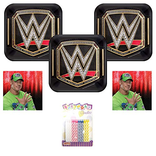 WWE Smash Wrestling Party Supplies Pack Serves 16: Dessert Plates and Napkins with Birthday Candles (Bundle for 16)