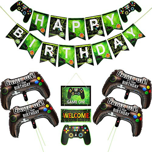 Video Game Party Supplies Includes 4 Pieces Video Game Party Balloons Game on Balloons 1 Piece Video Game Party Banner and 1 Piece Game on Welcome Hanging Decor for Birthday Party