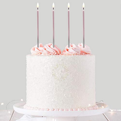 Long Thin Birthday Party Cake Candles | 24 Count Gradient Metallic Pink Silver Celebration Candles | Luxurious Anniversary Wedding Baby Shower Cupcake Sparklers Decoration for Women