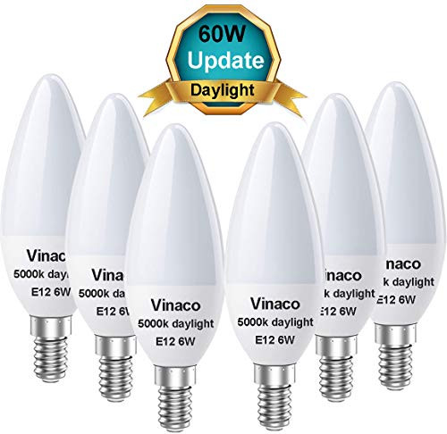 Vinaco Candelabra LED Bulbs Daylight, High Brightness 600LM and CRI90 E12 LED Bulb 6W (60W Equivalent) E12 Candelabra Base for Ceiling Fan Light Bulbs, LED Chandelier Light Bulbs, Pack of 5