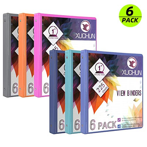 XUCHUN 6Pack 1 Inch Round 3 Ring Binder View Binders with 2 Pockets ,Holds 225 Sheets Assorted Colors For Office,Home ,School (Multicolor)
