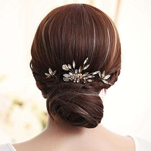 Aukmla Bridal Gold Comb and Pins Set Floral Headpiece Crystal Hair Piece Wedding Hair Accessories for Women and Girls 3 PCs