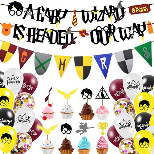 Grill Bump 1 Pack Pre-Assembly Baby Shower Banner, 30pcs Cupcake Toppers, 40pcs Wizard Balloons and 1 Pack Wizard Felt Banner for Kids or Babys Wizard Themes Party Supplies Decorations Favor; 72pcs in All