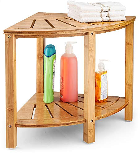 Bambusi Bamboo Corner Shower Bench - Wood Spa Stool Bench with Storage Shelf for Bathroom Organization - Perfect for Indoor or Outdoor