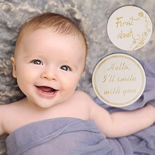 Milestone Cards, Wooden Baby Monthly Milestone Photo Prop 13 Double-Sided Hand-Crafted Circles with a Larger Customizable Disc