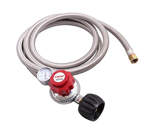 KIBOW 0~30PSI High Pressure Adjustable Propane Regulator w/8FT SS Braided Hose-Type1 (QCC1) and 3/8 Female Flare Swivel Fitting - with Gauge for Forge/Foundry