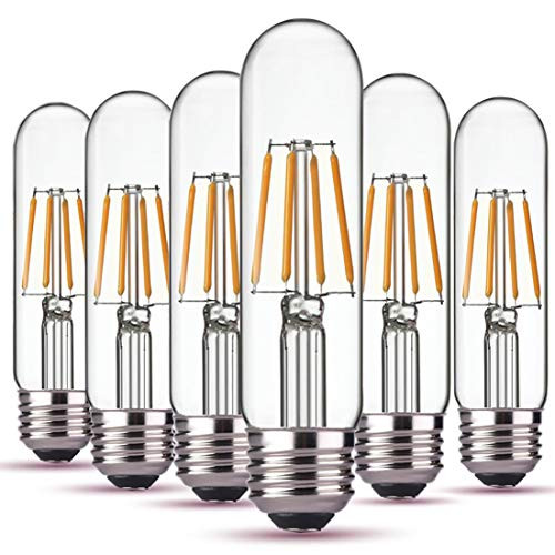 Dimmable T10 LED Bulbs,Tubular Edison Style LED Filament Bulb,4W T10 Vintage Led Light Bulb, E26 Medium Base, 2700K Warm White,400LM,Clear Glass Cover, 6Pack