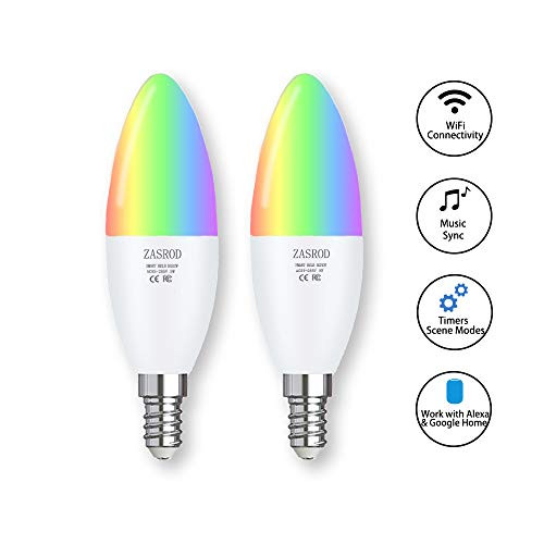 ZASROD E12 Smart Bulbs Candelabra Light WiFi LED, Dimmable Color Changing Work with Alexa & Google Home, No Hub Required Candle 2Pack