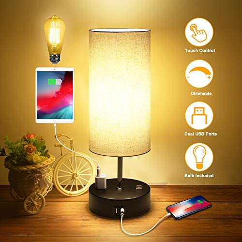 3 Way Dimmable Touch Control Table Lamp, Bedside Lamp with 2 USB Charging Ports & 2 AC Outlets, Modern Nightstand Lamp for Bedroom Living Room Office, Bedside Lamps ST64 E26 LED Bulbs Included