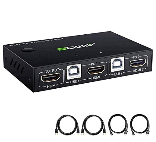 USB KVM Switch HDMI 2 Port Box for 2 Computers Share one Wired or Wireless Keyboard and one HD Monitor, Support 4K@30Hz 3D for Laptop/PC/PS4/Xbox/HDTV, No Power Require, with HDMI and USB Cables