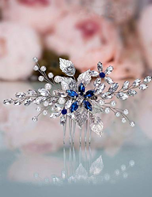 Aimimier Bridal Sapphire Crystal Hair Comb Pearl Blue Crystal Leaf Marquise Hair Piece Prom Party Festival Wedding Hair Accessories for Women and Girls (Silver)