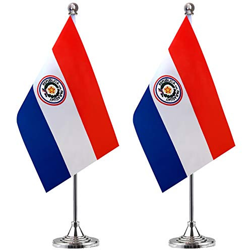 Paraguay Desk Flag Small Mini Paraguayan Office Table Flag with Stand Base Decorations,2 Pack