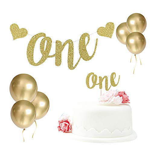 ANYI16 1st First Birthday Decoration Set Glitter Gold ONE High Chair Banner and ONE Cake Topper with 6 Pack Gold Metallic Balloons ANYI16 1st First Birthday Decoration Set Glitter Gold ONE High Chair Banner and ONE Cake Topper with 6 Pack Gold Metallic Balloons