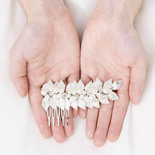 Asooll Wedding Leaf Hair Comb Bride Pearl Hair Pieces Bridal Crystal Hair Accessories for Women and Girls (Silver)