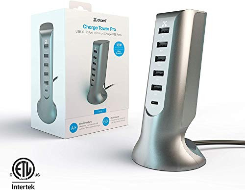 Atomi Charge Tower Pro - USB Desktop Charging Station, 6 Ports with Ai Rapid-Charge Technology - Silver