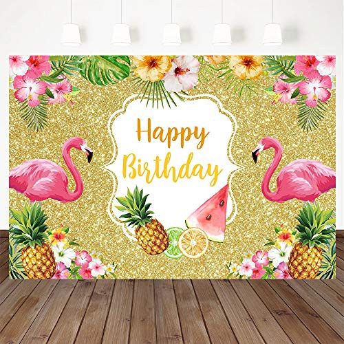 Avezano Flamingo Golden Birthday Backdrop Summer Tropical Birthday Party Decoration 7X5ft Vinyl Flower Pineapple Birthday Party Dessert Cake Table Photo Decoration Backdrops