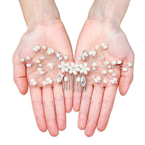 Barode Rhinestone Wedding Hair Combs Silver Pearls Crystal Bridal Headpiece Flower Bride Hair Accessories for Women and Girls