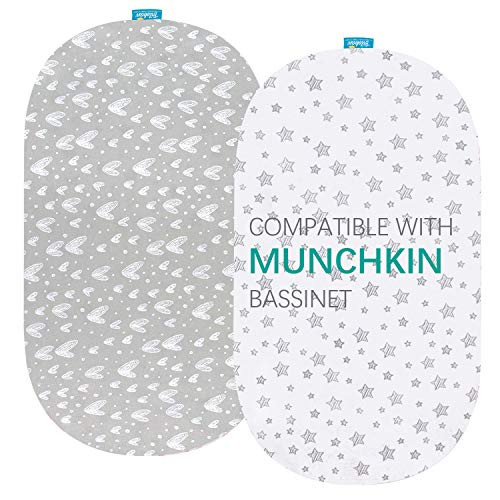 Bassinet Fitted Sheets Compatible with Munchkin Brica Fold N' Go Travel Bassinet, 2 Pack, 100% Jersey Knit Cotton Fitted Sheets, Breathable and Heavenly Soft?Grey Hearts and White Stars Print for Baby