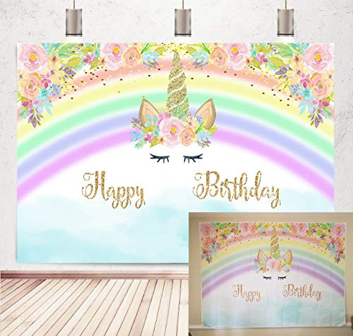 Botong 5x3ft Unicorn Rainbow Birthday Party Colorful Flower Backdrop Photography for Kids Birthday Baby Shower Unicorn Party Decor Background Photo Studio Props Banner