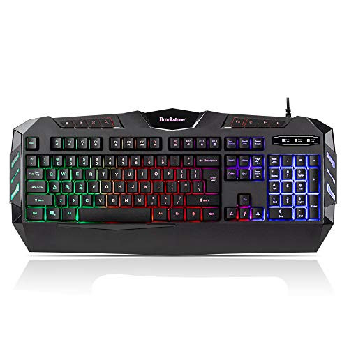 Brookstone USB Wired Gaming Keyboard with Multi-Color LED Backlit Keys and Numeric Keypad, Mac and PC Compatible (w/Palm Rest)