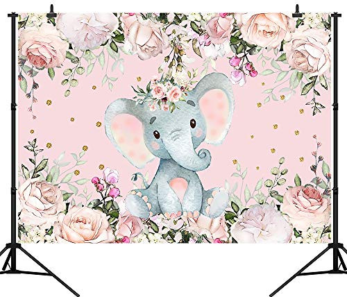 CapiSco 7X5FT Elephant Baby Shower Backdrop Cute Elephant Floral Background for Baby Child Girl Birthday Party Photo Booth Backdrops Elephant Photography Backdrop Gender Reveal Backdrop SCO162B