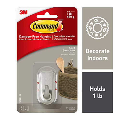 Command Accent Hook, Small, Brushed Nickel, 1 Hook (17072BN-ES), Great for dorm decor