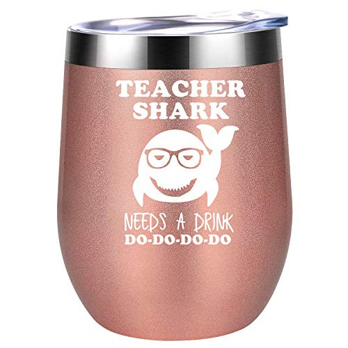 Teacher Gifts - Teacher Appreciation Gifts for Women - Teacher Shark Needs a Drink - Funny Back to School, Thank You, Birthday Gifts for Teachers, Gym Teacher - Coolife Teacher Wine Tumbler Mug Cup