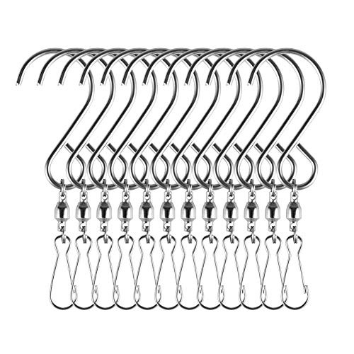 Swivel Clip Hanging Hooks, Stainless Steel Flower Pot Hook Swivel Hooks with Clips for Hanging Wind Spinners, Windsock, Bird Feeders, Wind Chimes Crystal Twisters Party Supply 12 Set (Silver)