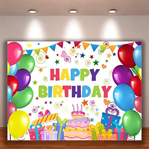 Crefelicid 7x5ft Happy Birthday Backdrop Colorful Bollons Children Birthday Background Decorations Cakes Candles Gifts for Kids Party Photo Booth Birthday Banner