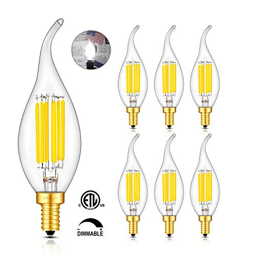 CRLight 6W LED Candelabra Bulb 5000K Daylight White Glow, 70W Equivalent 700LM, E12 Base Dimmable LED Chandelier Light Bulbs, Antique Edison Style Clear Glass C35 Candle Flame Tip, 6 Pack