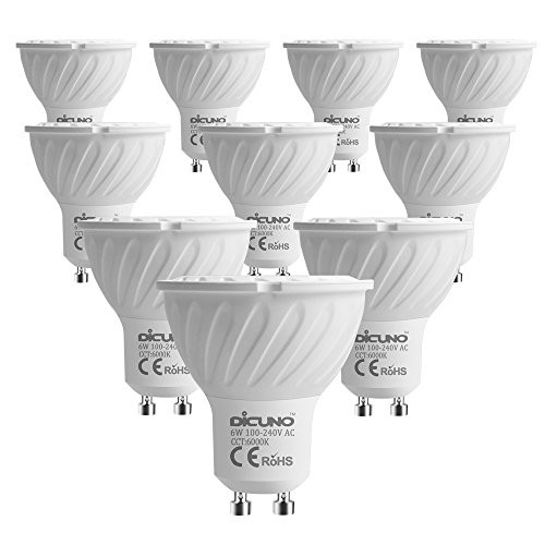 DiCUNO GU10 LED Light Bulb, 60W Halogen Bulbs Equivalent, 6W 600LM, 6000K Daylight White,100V-240V Non-dimmable GU10 Mr16 LED Bulbs, 10-Pack.