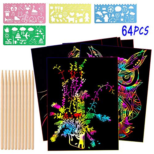 Dsmile Scratch Art Paper Set, 50 Piece(7.2IN x 5IN) Rainbow Magic Scratch Paper Craft Kit for Kids Black Scratch Off Art Crafts Notes Boards Sheet with 10 Wooden Stylus 4 Drawing Stencils