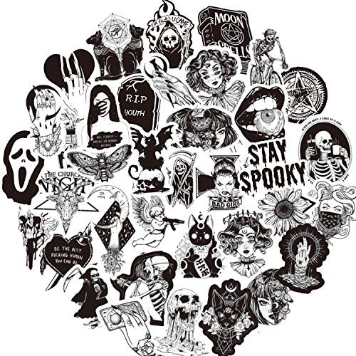 50pcs Gothic Stickers for Laptops Hydro Flask Water Bottles Cumputers Skateboards Waterproof Black and White Skull Gothic Sticker Pack Vinyl Decals for Kids Adults