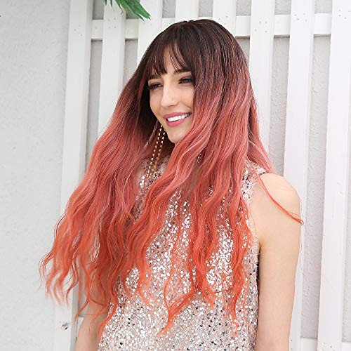 EMMOR Long Ombre Wig for Women - Natural Hair Middle Part With Air Bang Dark Root Wavy Synthetic Curly Wig, Party Cosplay Daily Use