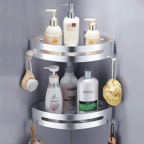 Felibeaco 2 Pack Bathroom Shower Corner Shelf, Adjustable Corner Shower Caddy, Adhesive Metal Wall Mounted Storage Organized Rack,Triangle Basket for Washroom,No Drilling,Bright Silver