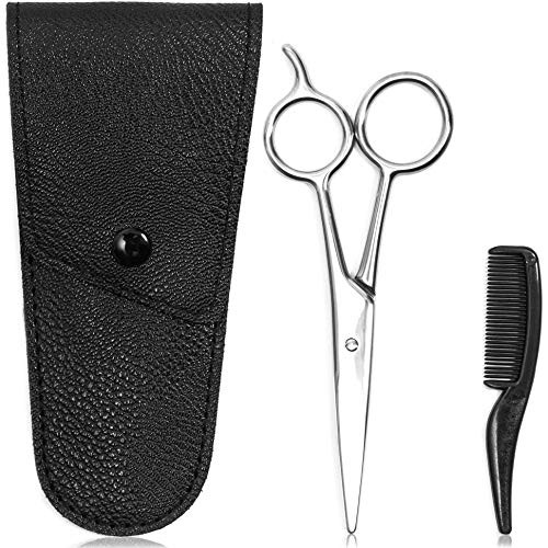 Mustache Scissors and Comb Set, Black Facial Hair Kit with Pouch (3 Pieces)