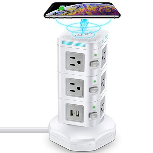 Power Strip Tower Wireless Charger - GLCON Surge Protector Charging Station with 4 USB Ports + 3000W 13A 10 Outlet Plugs + 6ft Extension Cord - Power Outlet Charging Tower for PC Home Office