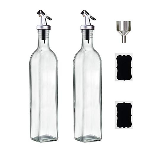GMISUN Olive Oil Dispenser Bottle for Kitchen, 17oz/500ml Cooking Oil and Vinegar Glass Cruet Bottle Set with Oil Pourer Spout, Funnel and labels, Set of 2