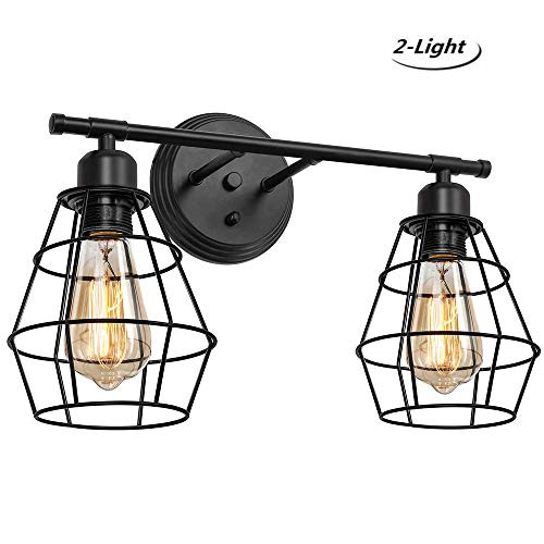 HAITRAL 2-Light Bathroom Vanity Light Fixture- Industrial Bathroom Light with Black Metal Cage, Farmhouse Vanity Wall Sconce for Bathroom, Mirror Cabinets, Vanity Table, Dressing Table - Black