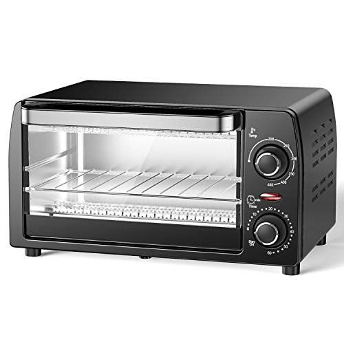 Hosome Toaster Oven, 4 Slice Toaster Oven with Wire Rack and Tray, Stainless Steel Compact Size Toaster Oven, Convection Oven with Timer-Toast Setting,1015W, Black