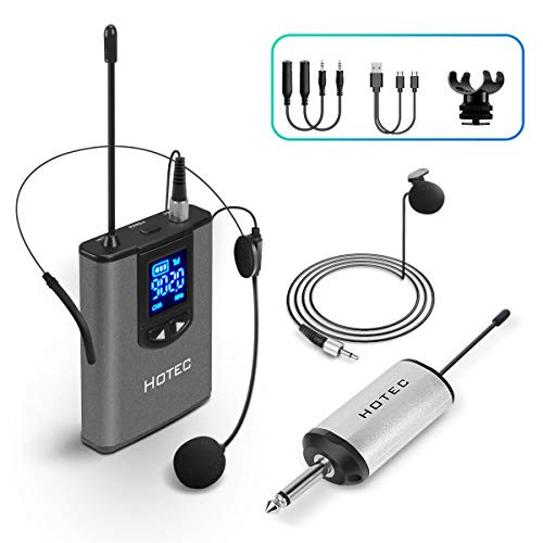 Hotec UHF Wireless Headset Microphone/Lavalier Lapel Mic with Bodypack Transmitter and Mini Rechargeable Receiver 1/4" Output, for Live Performances, Support Phone