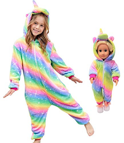 Unicorn Pajamas Onesie Costume Matching Doll & Girls Gifts (Bright Rainbow, 3-4 Years)
