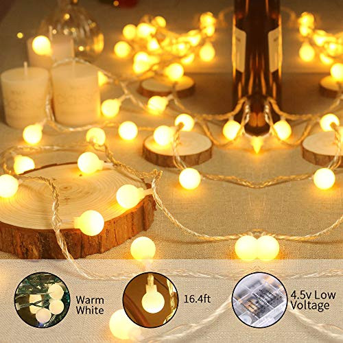 Globe Ball String Lights 16.4ft 50 LED Warm White Globe Lights Battery Operated Fairy String Lights with 8 Modes and Timer Remote Control for Bedroom, Garden, Christmas, Wedding, Party