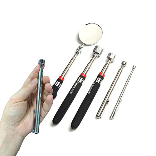 5 Pieces Telescoping Magnetic Pickup Tool Kit, 1.5 lb/3 lb/10 lb/15 lb Pick-up Rod and Round Inspection Mirror Telescoping Handle 360 Swivel Round Inspection Mirror for Extra Viewing Pickup Dead Angle