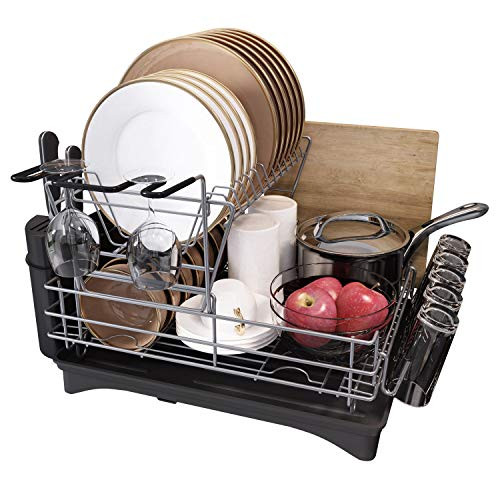 Dish Drying Rack, 2-Tier Dish Drainer Drying Rack with Utensil Holder, Cutting Board Holder Large Capacity with Drainboard for Kitchen Counter-Black